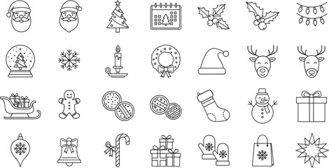 Mega Set of Hand Drawn Christmas and Winter Holiday Outline Icons Vector Illustration