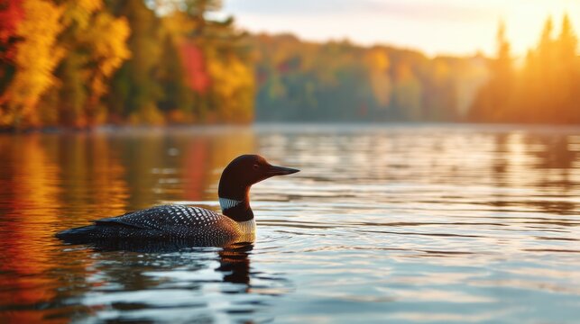 Loon swimming in calm lake water with vibrant autumn foliage and golden sunset light in background. Nature wildlife scene for outdoor tranquil concept.