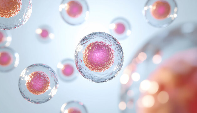 ピンクの細胞構造が浮かぶ美容成分の3Dイメージ。美肌・再生・細胞活性化を表現した化粧品広告素材。3D visualization of pink cellular structures symbolizing beauty, regeneration, and cell activation in skincare science.