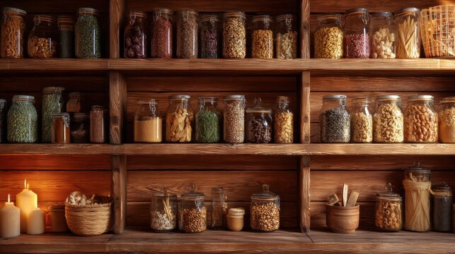 Pantry cabinet with wooden shelves and glass jars filled with various food staples like grains, nuts, and spices evoking a cozy, rustic kitchen concept. - Powered by Adobe