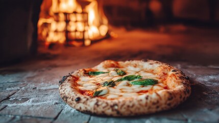 Fresh Margherita pizza made with basil, mozzarella, and tomato sauce, cooking in a traditional wood-fired oven for a crispy crust and melted cheese.