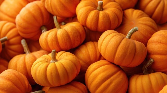 Bright orange mini pumpkins arranged closely together, creating a vibrant autumnal background. Seasonal vegetable for Thanksgiving and Halloween decoration. - Powered by Adobe