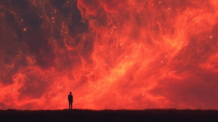 Man standing alone and looking at the red nebula. Contemplation and wonder in a surreal cosmic landscape. Spirituality and vastness of universe.