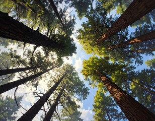 Looking upward at tall trees with their canopies silhouetted against a bright, partly cloudy sky