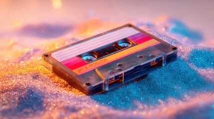 Vintage cassette tape on glittery background with neon light effect. Retro audio recording medium for music and sound with nostalgic concept.
