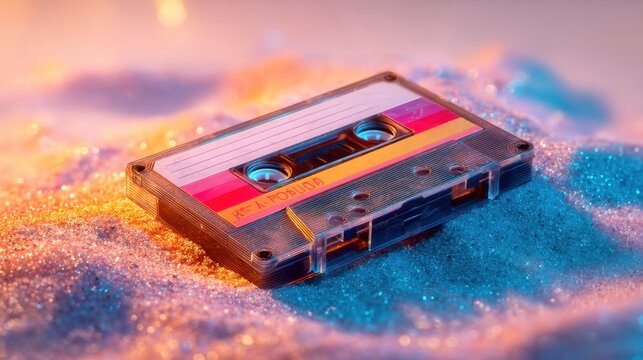 Vintage cassette tape on glittery background with neon light effect. Retro audio recording medium for music and sound with nostalgic concept.