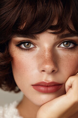 Beautiful young woman with short brown hair and natural freckles