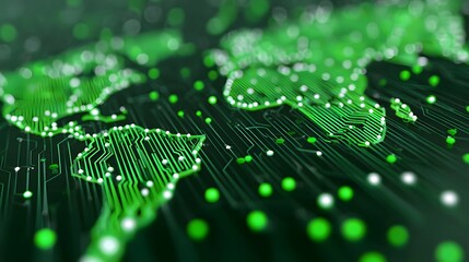Abstract visualization of the Earth as a vibrant green digital circuit board illustrating interconnectedness data flow and modern global technology networks