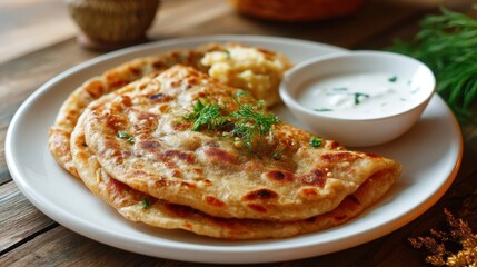 Hot paratha bread is served on a white plate with sauce and mashed potato, a delicious Indian flatbread dish for traditional cuisine restaurant menu.