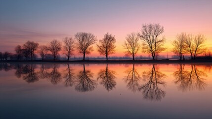 Fototapeta premium Bare trees reflecting in still water at sunrise. Peaceful morning landscape with vibrant colorful sky. Natural beauty for tranquil concept.