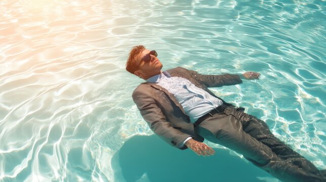 Man in suit and sunglasses floating relaxed in swimming pool. Business stress relief and work life balance concept. Relaxation and vacation season.