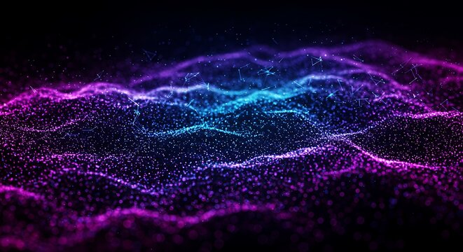 Abstract visualization of a particle wave with a blue to purple color shift, creating a sense of depth and movement in a dark, abstract digital space