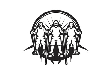 Three hikers with walking sticks stand together within a stylized mountain range emblem