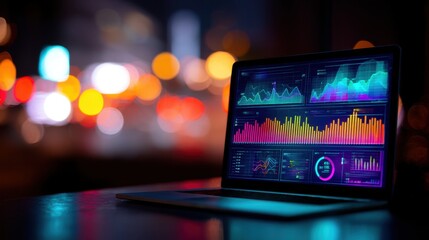 Laptop screen displaying intricate data dashboards and financial graphs against a blurred city lights backdrop reflecting modern analytics and business intelligence.
