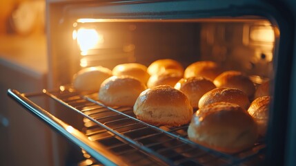 Round fresh buns baking in oven under warm light. Concept of homemade baking and cooking delicious pastry for meal or dessert.