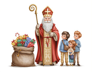 Obraz premium Saint Nicholas, a bishop, wearing a red mitre and a red cloak, holding a crosier. Beside him is a bag of gifts for children. Illustration, graphic