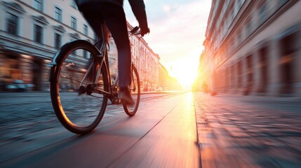 Person riding bicycle in city street. Motion blurred street and buildings. Sun shining low at early morning or late evening for lifestyle.