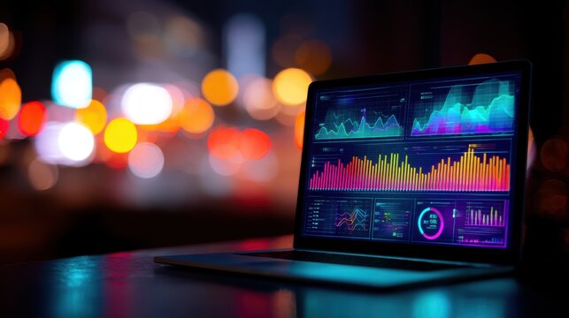 Laptop screen displaying intricate data dashboards and financial graphs against a blurred city lights backdrop reflecting modern analytics and business intelligence.
