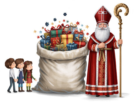  Święty Mikołaj biskup w z czerwonej mitrze i w czerwonym  płaszczu z pastorałem w ręku. Obok worek z prezentami dla dzieci. Ilustracja, grafika