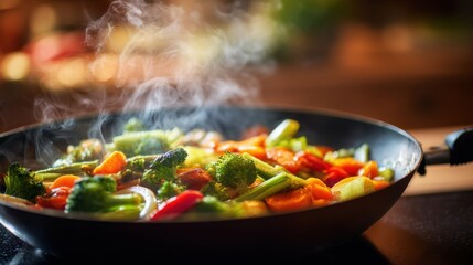 Steaming mixed vegetable stir fry in a hot pan, ideal for culinary blogs and healthy eating concepts.