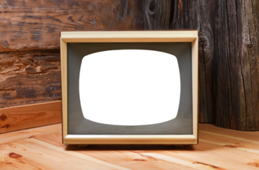 An old television with an isolated white screen stands on a wooden floor in a country house.
