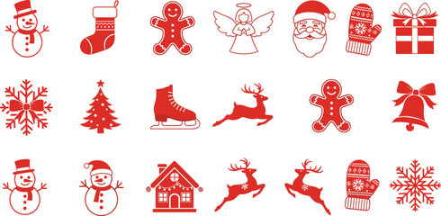 Mega Set of Minimal Red Silhouette Christmas Holiday Icons Vector Illustration