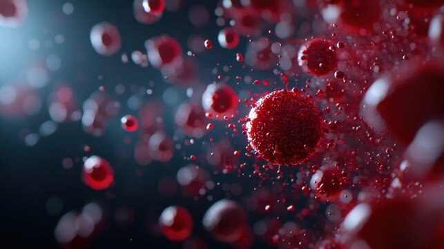 Close up of a red virus or bacteria cell in a dark environment. Microscopic view of microscopic organism for biology or health concept. - Powered by Adobe