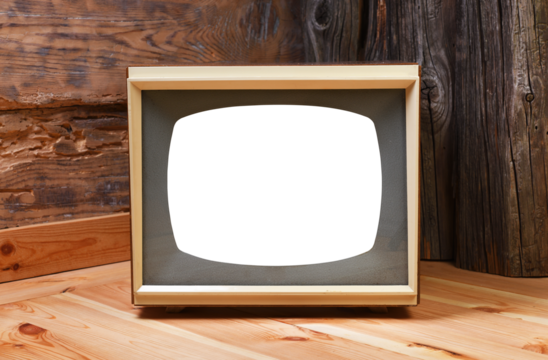 An old television with an isolated white screen stands on a wooden floor in a country house.