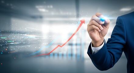 Businessman drawing a rising graph on a futuristic interface, symbolizing business growth and success