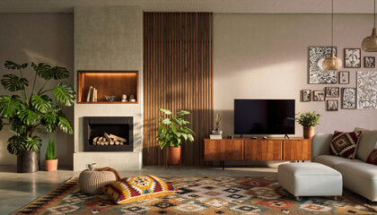 Nowoczesne wnętrze salonu z elementami drewnianymi oraz tkaninami w stylu etnicznym