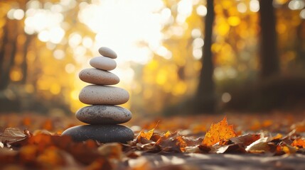 Stacked stones balanced on ground among autumn leaves. Zen balance and harmony in nature. Perfect for concepts of mindfulness, stability or meditation.