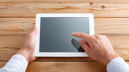 A close up shot shows a person s hands holding and touching the screen of a white tablet computer set against a textured wooden background