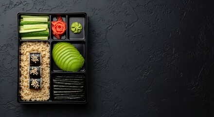 Top-down view of a vegan sushi bento box on dark surface.