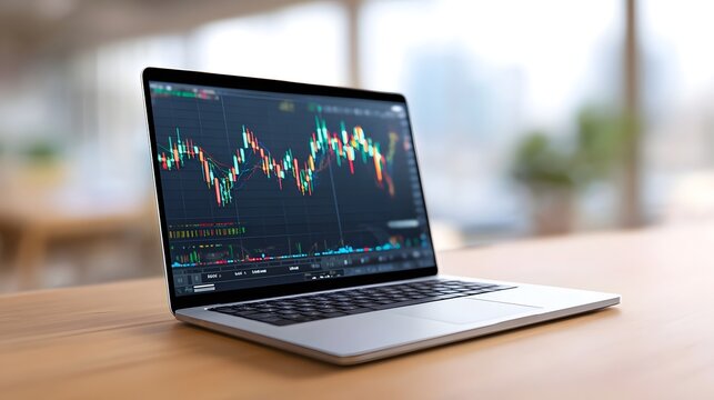 Close up view of an open laptop on a wooden surface showcasing a dynamic financial market trading graph with real time data and candlestick formations for investment analysis - Powered by Adobe