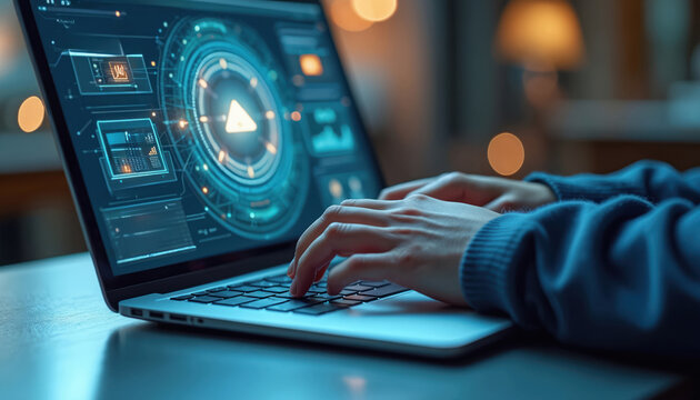 User types on laptop keyboard with futuristic interface on screen. Analyst works with big data dashboard. Developer programs AI software for business analytics, monitoring cyber security network.
