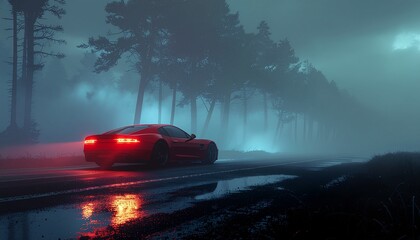 Czerwone sportowe auto jadące drogą we mgle