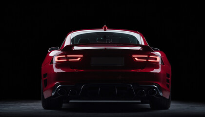 Czerwony, nowoczesny, luksusowy samochód na czarnym tle. Widok z tyłu