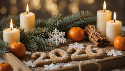 Cozy Christmas New Year 2026 holiday background. Homemade sugar cookies, glowing candles, fresh tangerines, aromatic cinnamon, and festive fir branches on a rustic wooden tray
