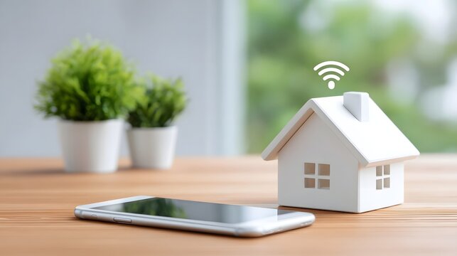 Illust n of smart home technology and wireless connectivity concept featuring a model house with a WiFi icon and a mobile phone on a wooden desk with potted plants in the background