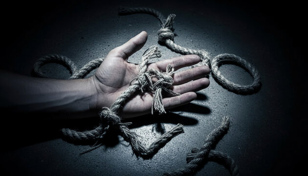 Dramatic image of a hand entangled in a frayed rope, symbolizing struggle, despair, and the complex issues of mental health