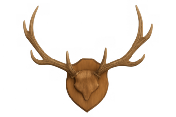 Deer antlers forming a hunting trophy mounted on a wooden plate. This rustic decoration symbolizes success, tradition, and nature