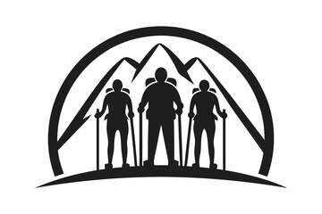 Three hikers with trekking poles stand before majestic mountain peaks in monochrome silhouette