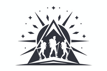 Three silhouetted hikers ascend mountain peaks under a burst of stars and sunrays