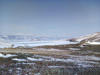 Winter landscape of frozen Lake Baikal near Olkhon Island, Siberia