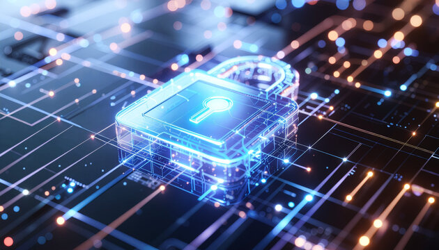 Glowing blue digital padlock integrated into a circuit board with data nodes and lines, symbolizing cybersecurity and encrypted protection.