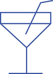 Minimalist blue line art of a martini glass with a straw and a clear liquid inside