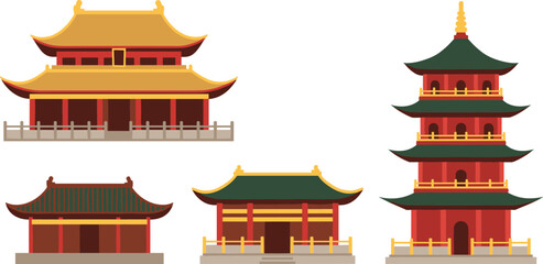 Collection of traditional east asian architectural buildings and pagodas in a flat design style