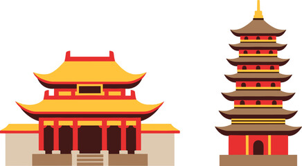 Traditional chinese pagoda and temple architecture isolated on white background