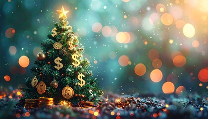A Christmas tree adorned with dollar signs and financial symbols, surrounded by festive bokeh lights. Conceptual image for finance, savings, and holiday spending. symbol