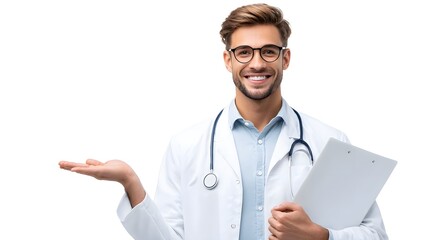 Confident and approachable physician wearing medical attire and glasses presenting information with a clipboard and open hand gesture